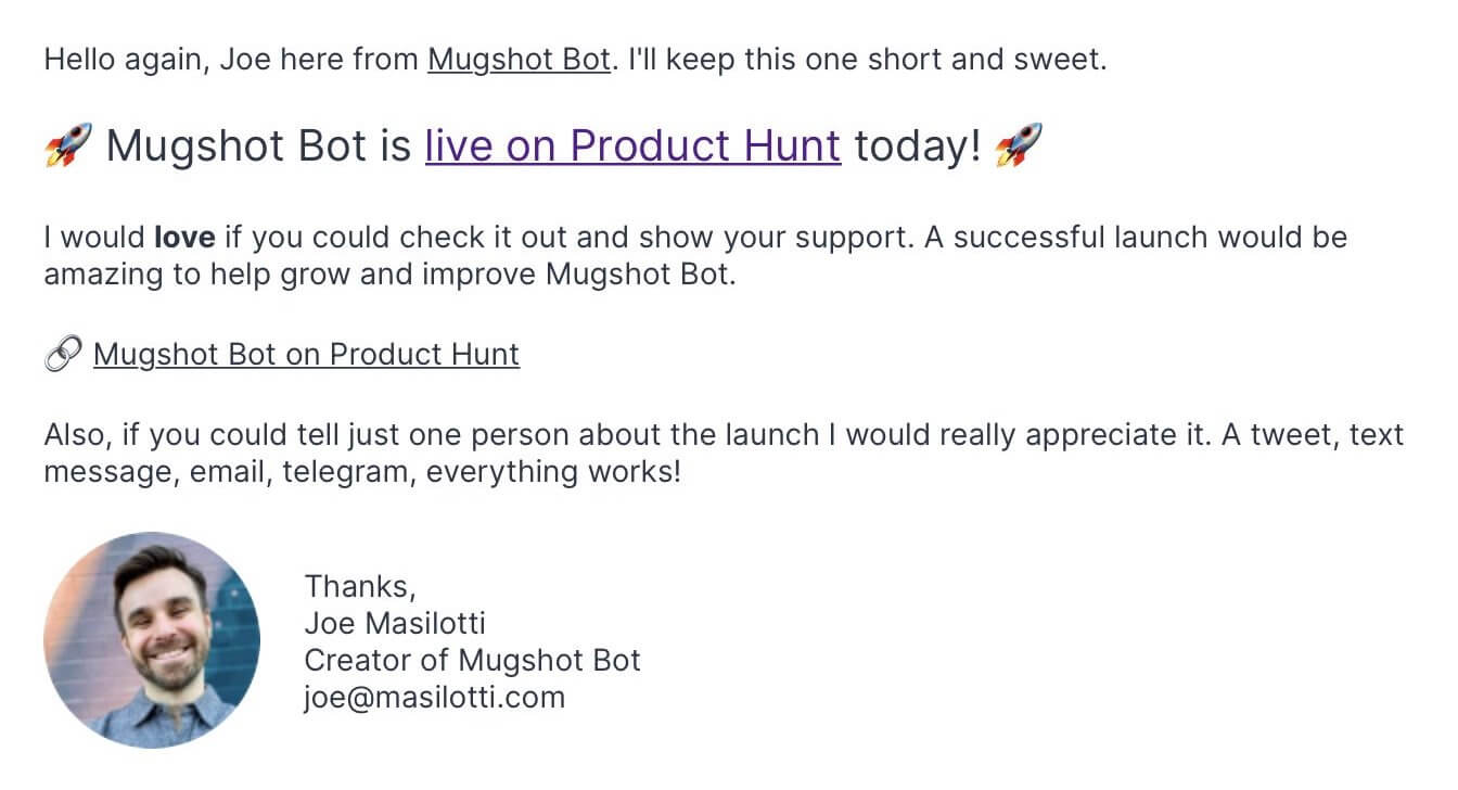 Screenshot of email campaign announcing Product Hunt launch