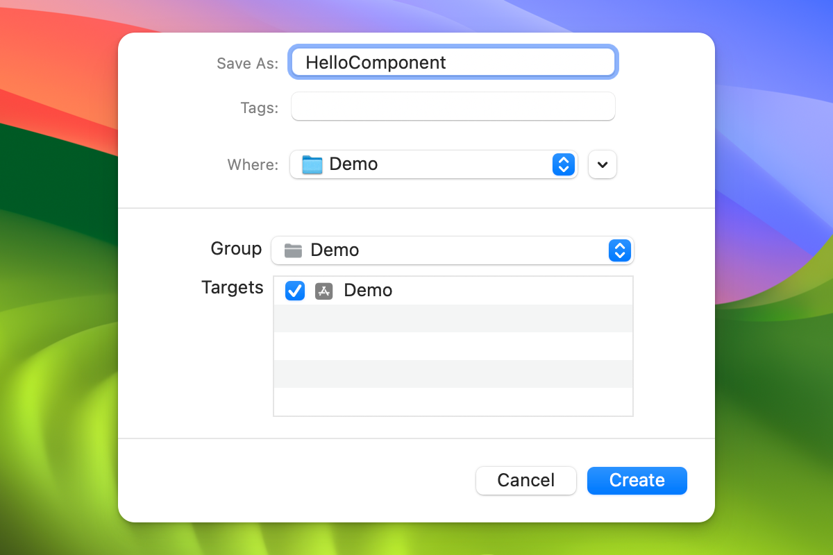 Creating a new file in Xcode named HelloComponent