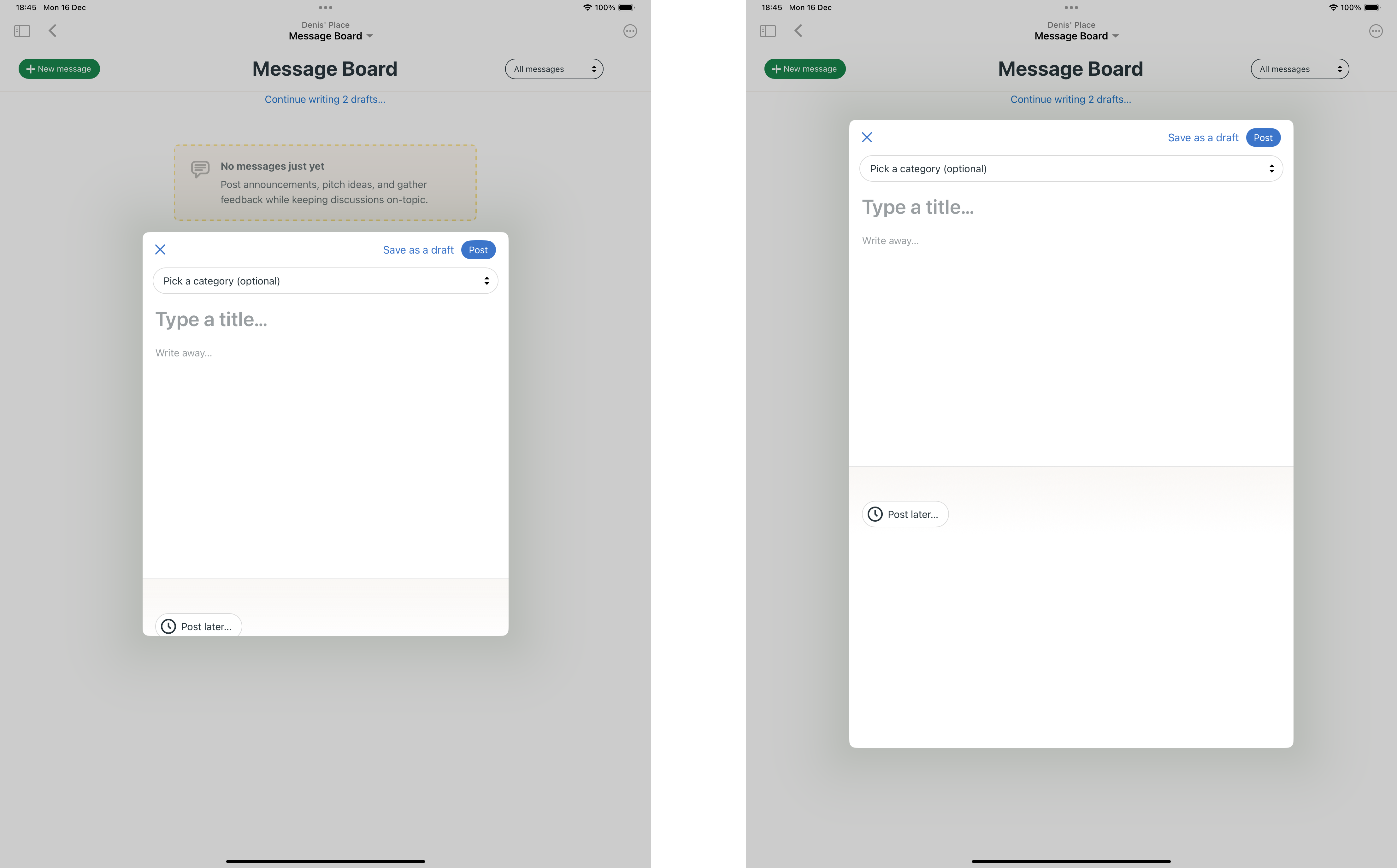 pageSheet on the left, formSheet on the right