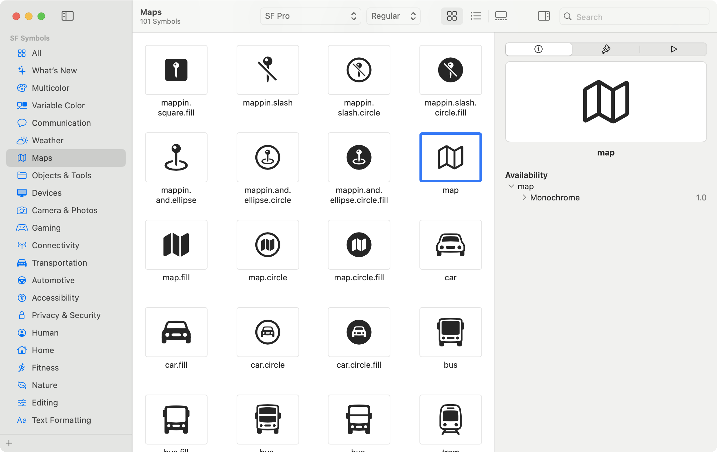 The SF Symbols app, a listing of different icons like map pins, cars, and buses, with categories on the left and search/details on the right.