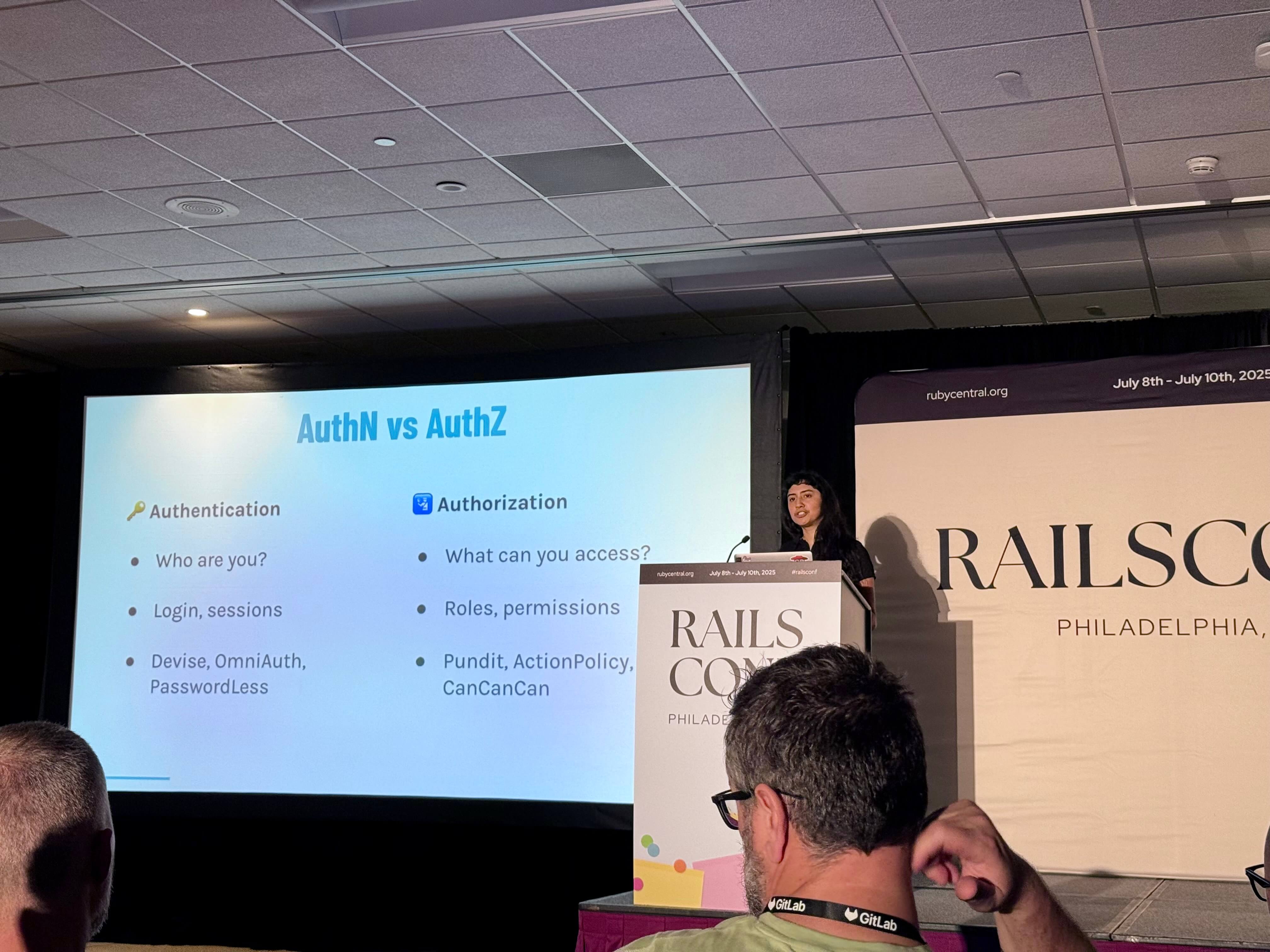 AuthN vs. AuthZ slide from Alicia Rojas talk at RailsConf 2025