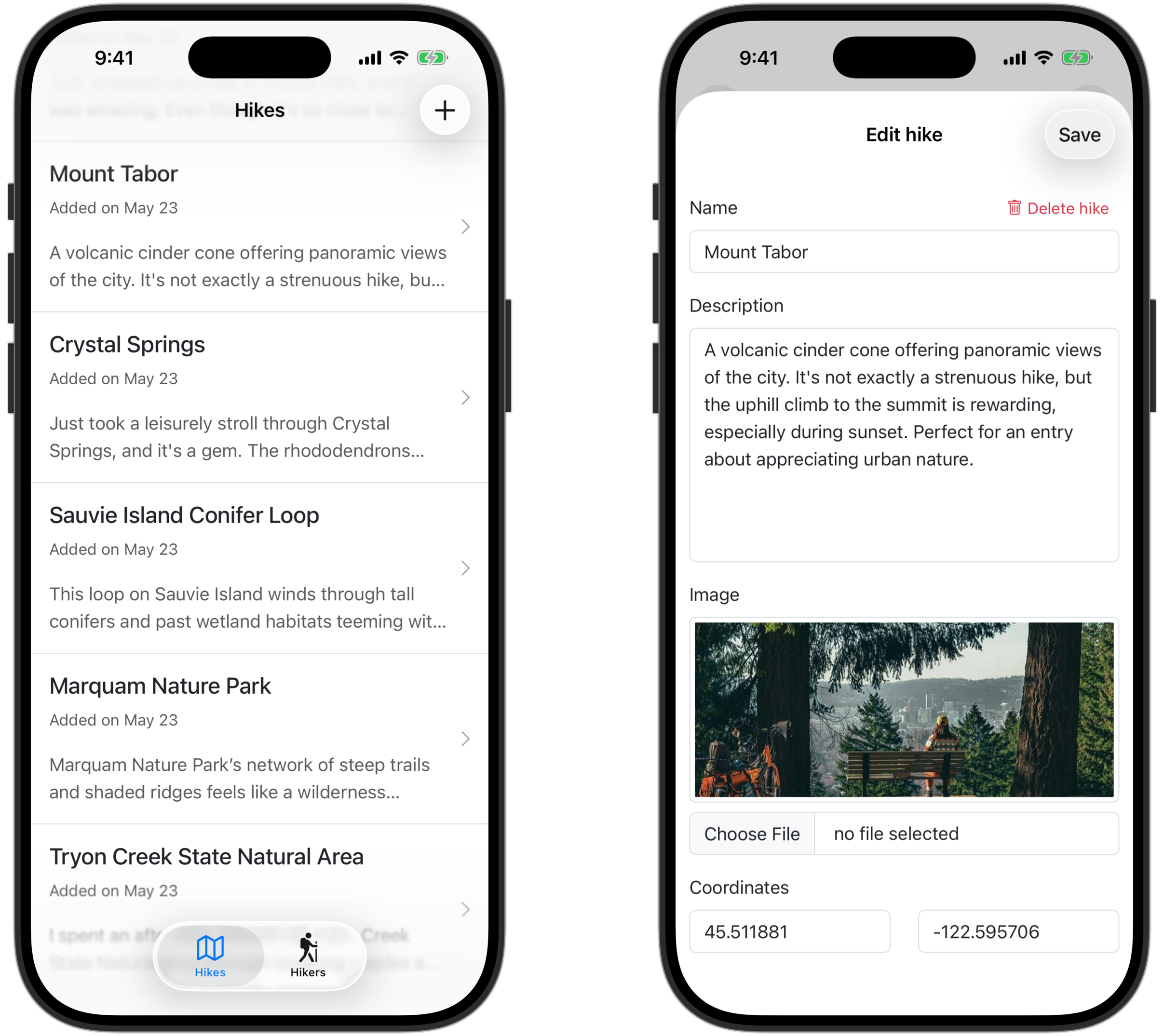 Hiking Journal running on iOS 26