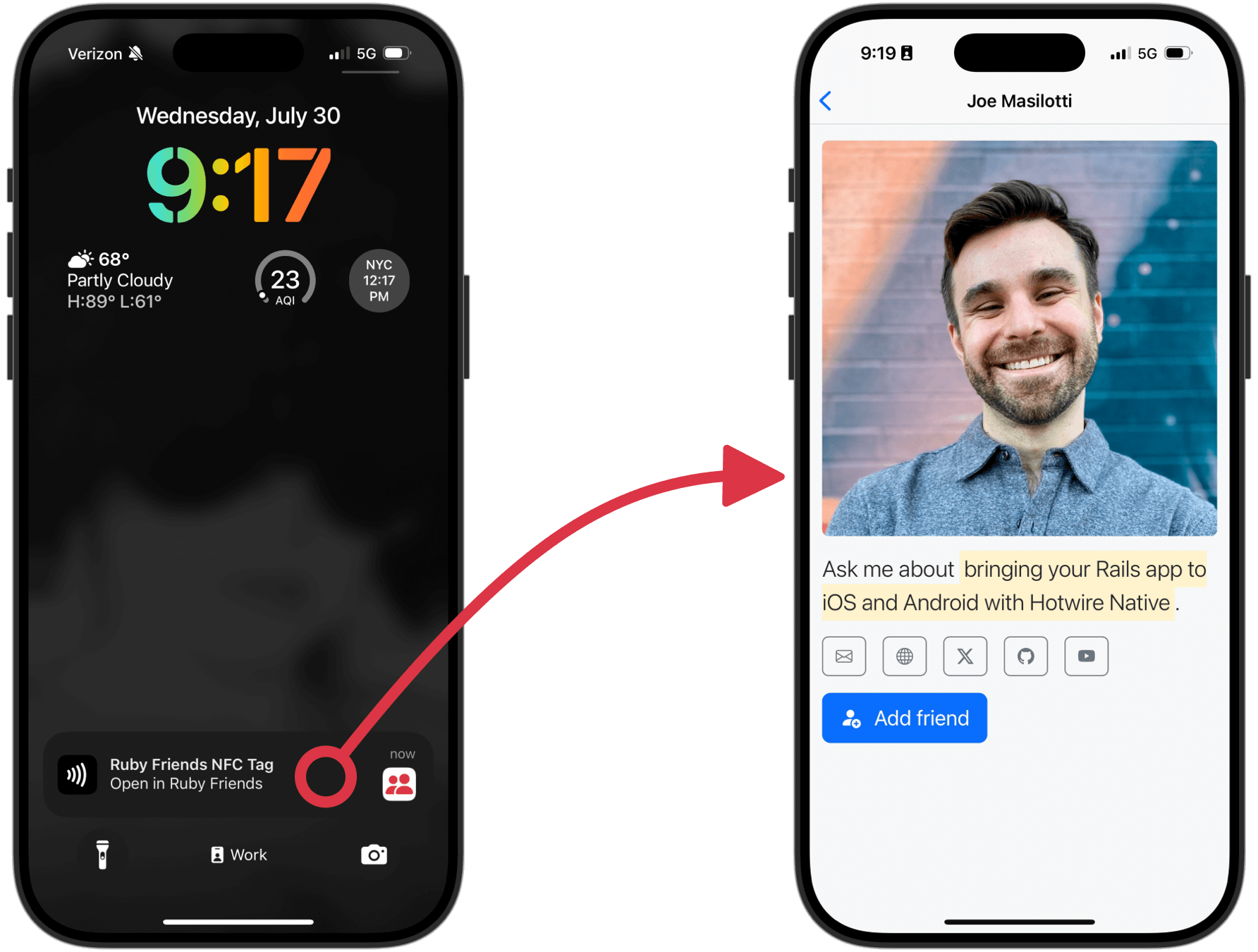 The Ruby Friends iOS app reading an NFC tag