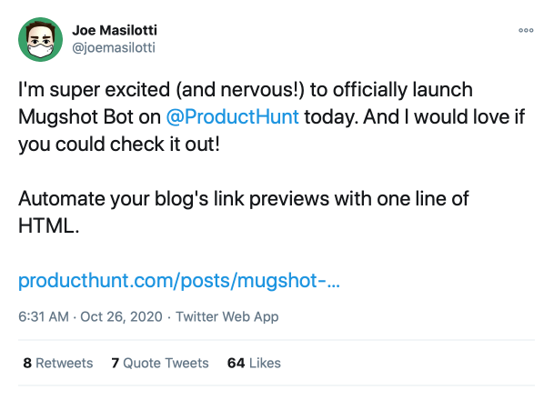 Beginning of Twitter thread about Product Hunt launch