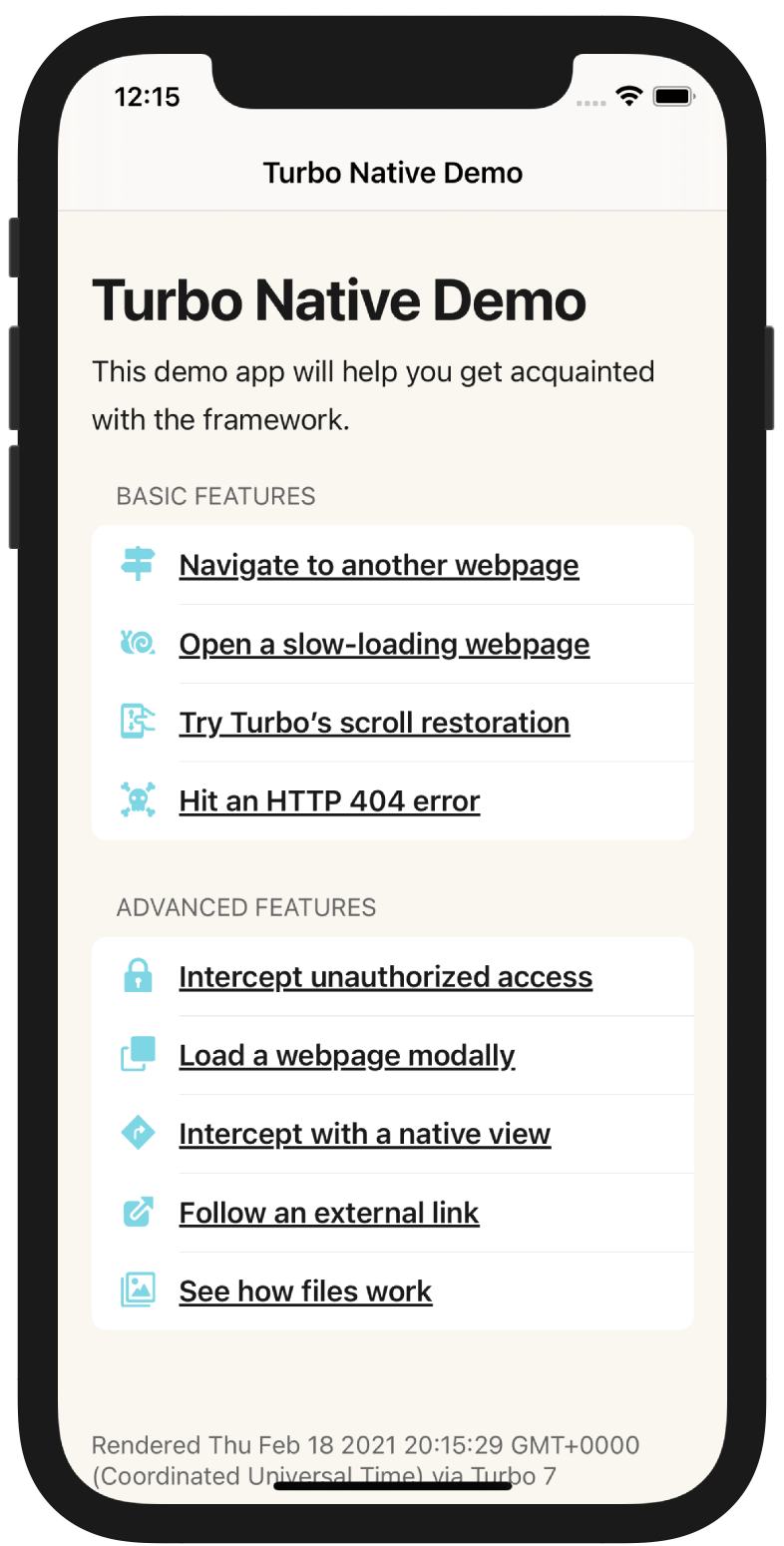 Turbo Native Demo running in the simulator
