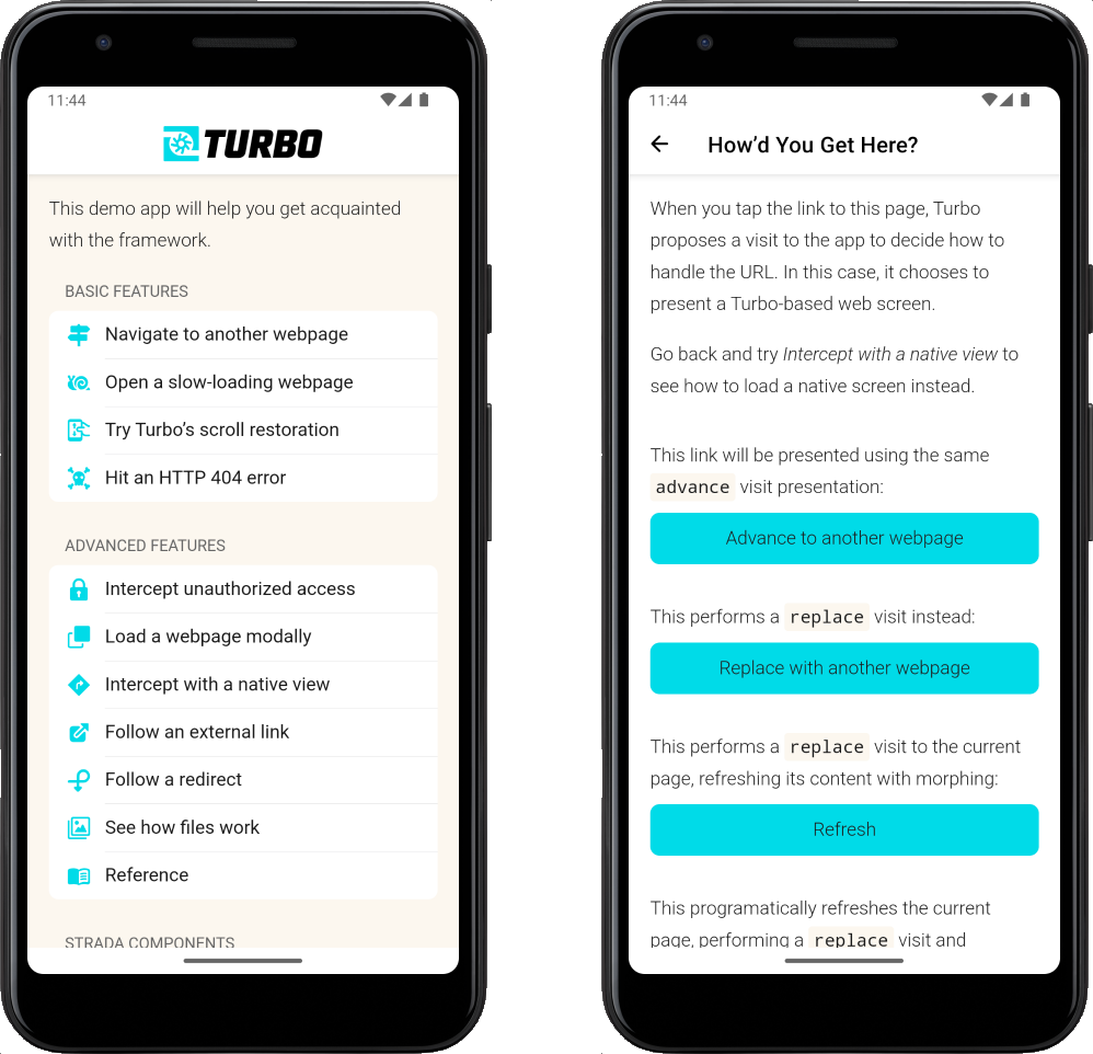 Turbo Native Android demo app screenshots