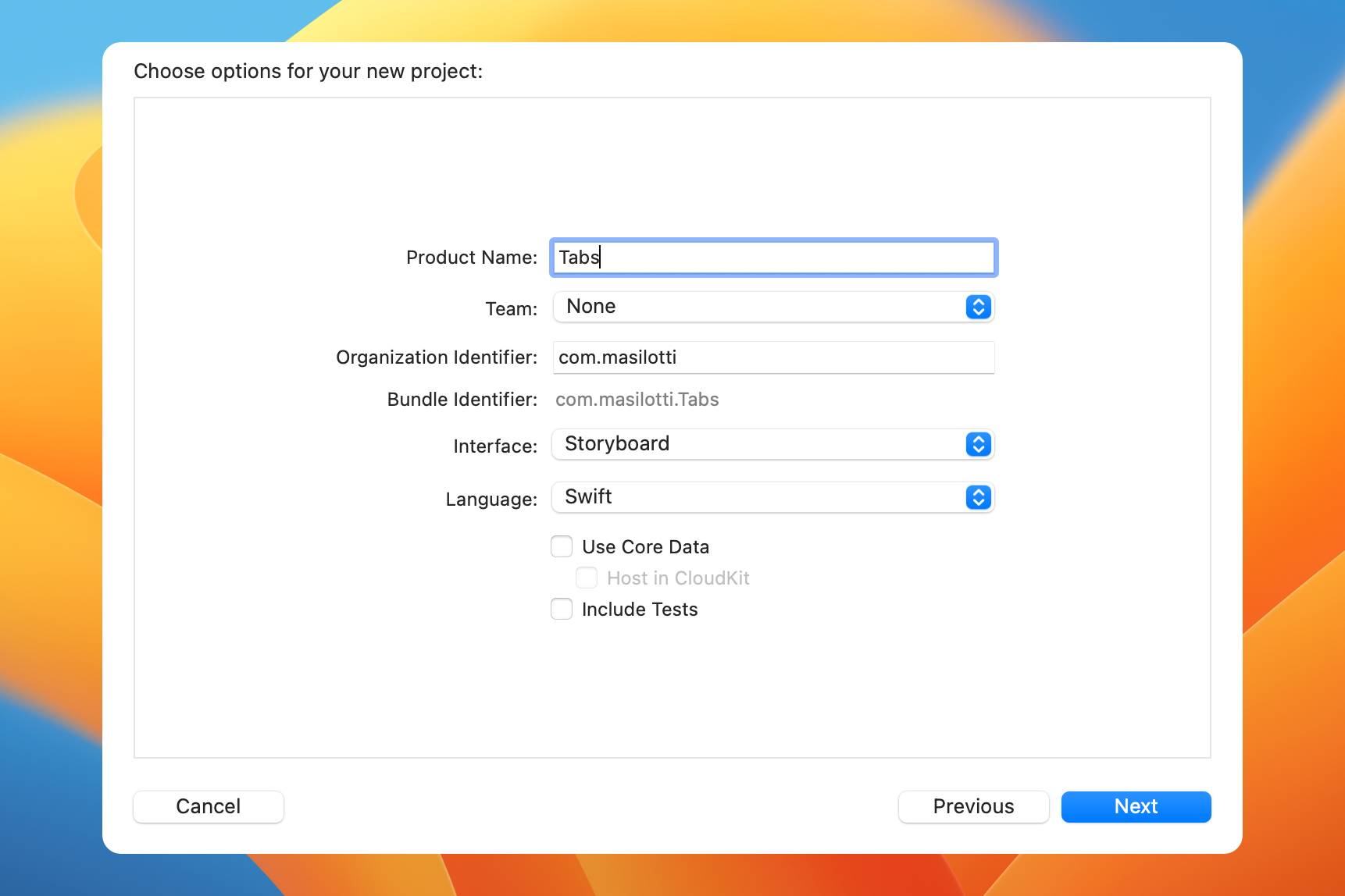 New Xcode project options