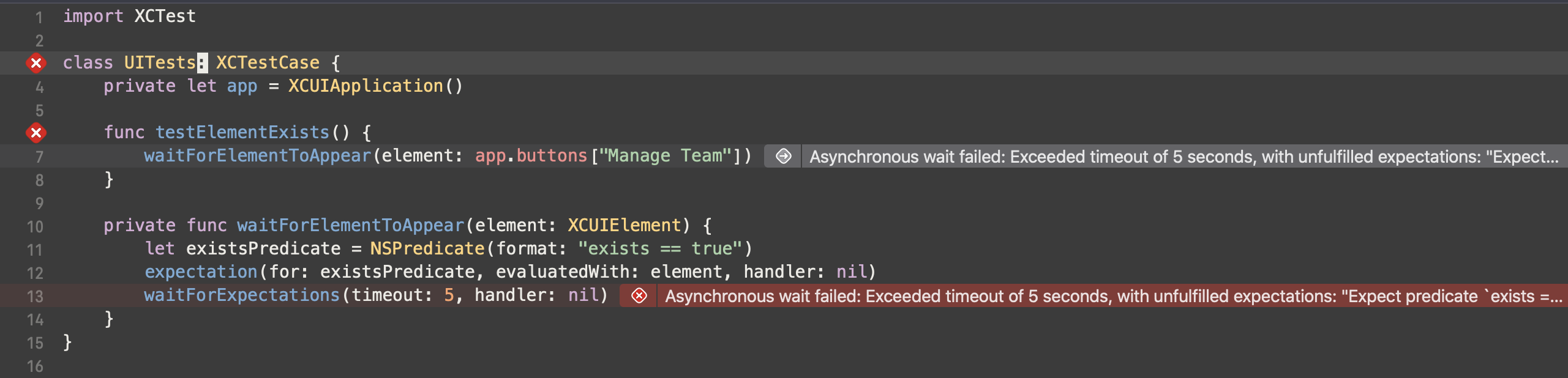Starting with Xcode 12, test failures automatically appear at the calling line!